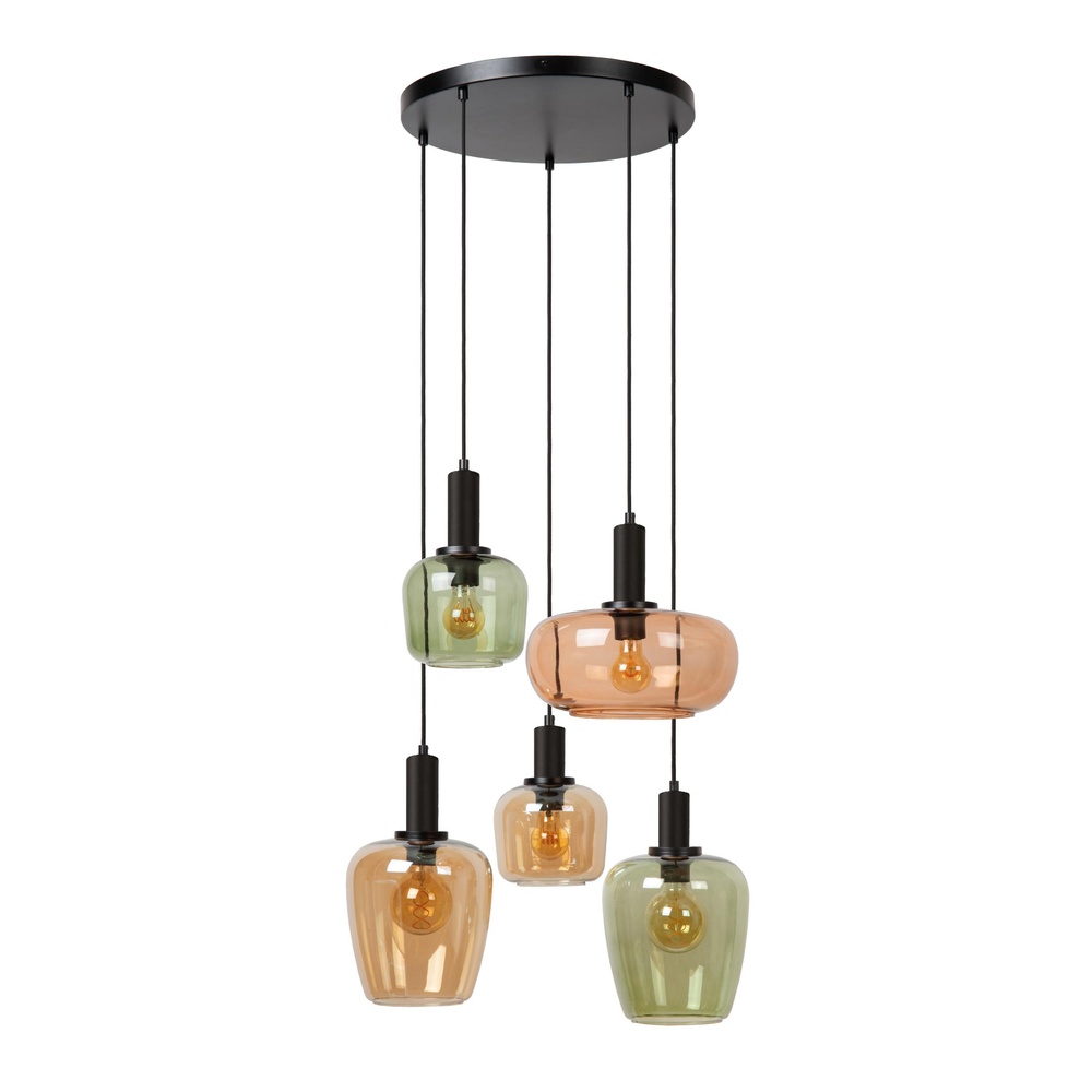 Lucide 5-lichts hanglampIlona zwart met gekleurde glazen - 45408/15/99